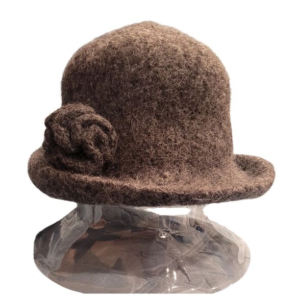 Gray Felted Bowler Hat Rosette Rolled Brim Women's Wool Vintage Cap - Picture 2 of 5